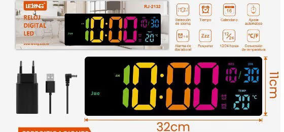 Reloj De Pared Digital Rgb Con Control Remoto Y Alarmas Negr Negro