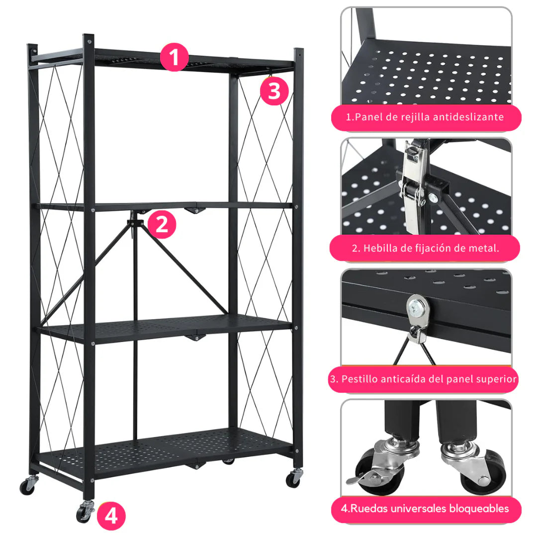 Estante Rack Plegable Metálico 4 Estantes Color Negro Blanco