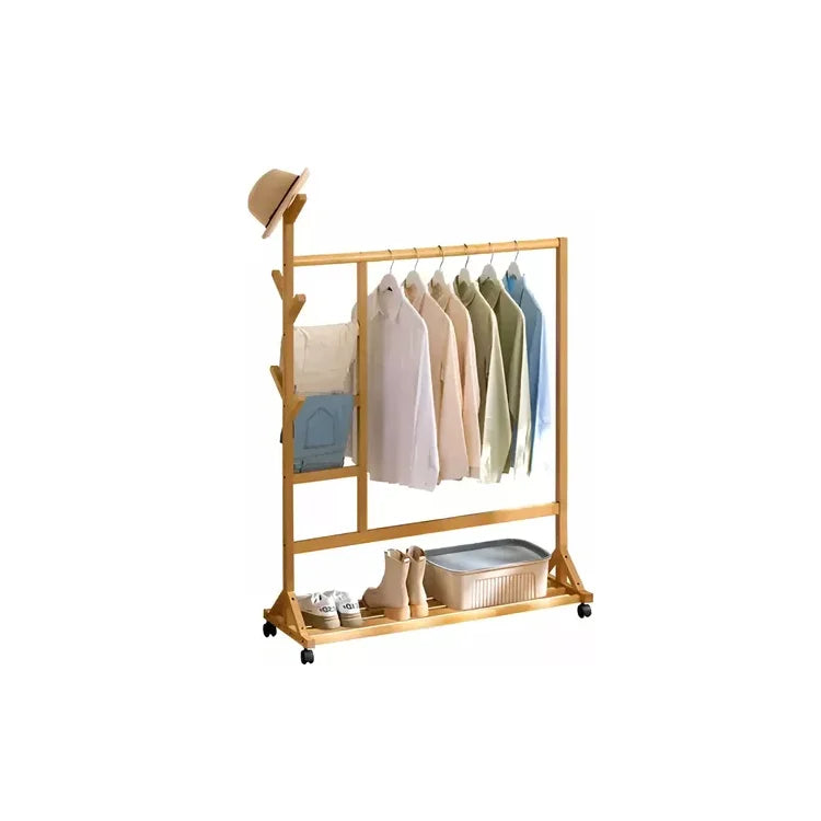 Perchero De Madera Bambú Con Ruedas Y Estante