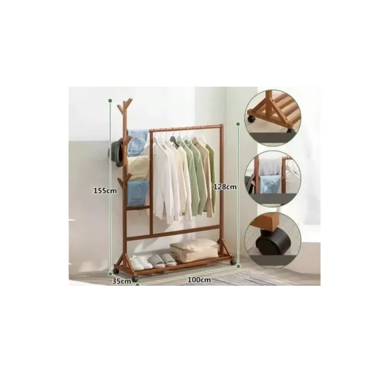 Perchero De Madera Bambú Con Ruedas Y Estante