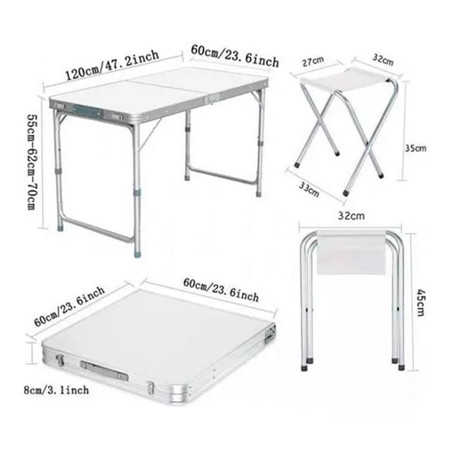 Mesa plegable de aluminio + 4 bancos plegables 120 x 60cm