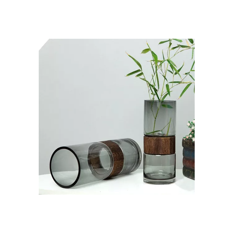 Jarrón De Vidrio Y Madera Decorativo 30x12cm