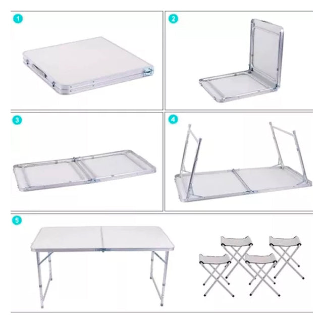 Mesa plegable de aluminio + 4 bancos plegables 120 x 60cm