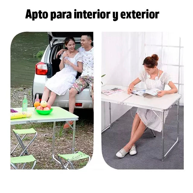 Mesa plegable de aluminio + 4 bancos plegables 120 x 60cm