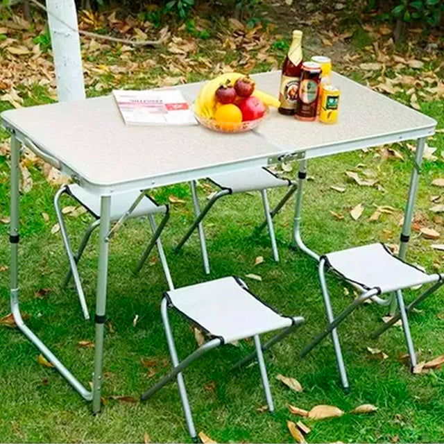 Mesa plegable de aluminio + 4 bancos plegables 120 x 60cm