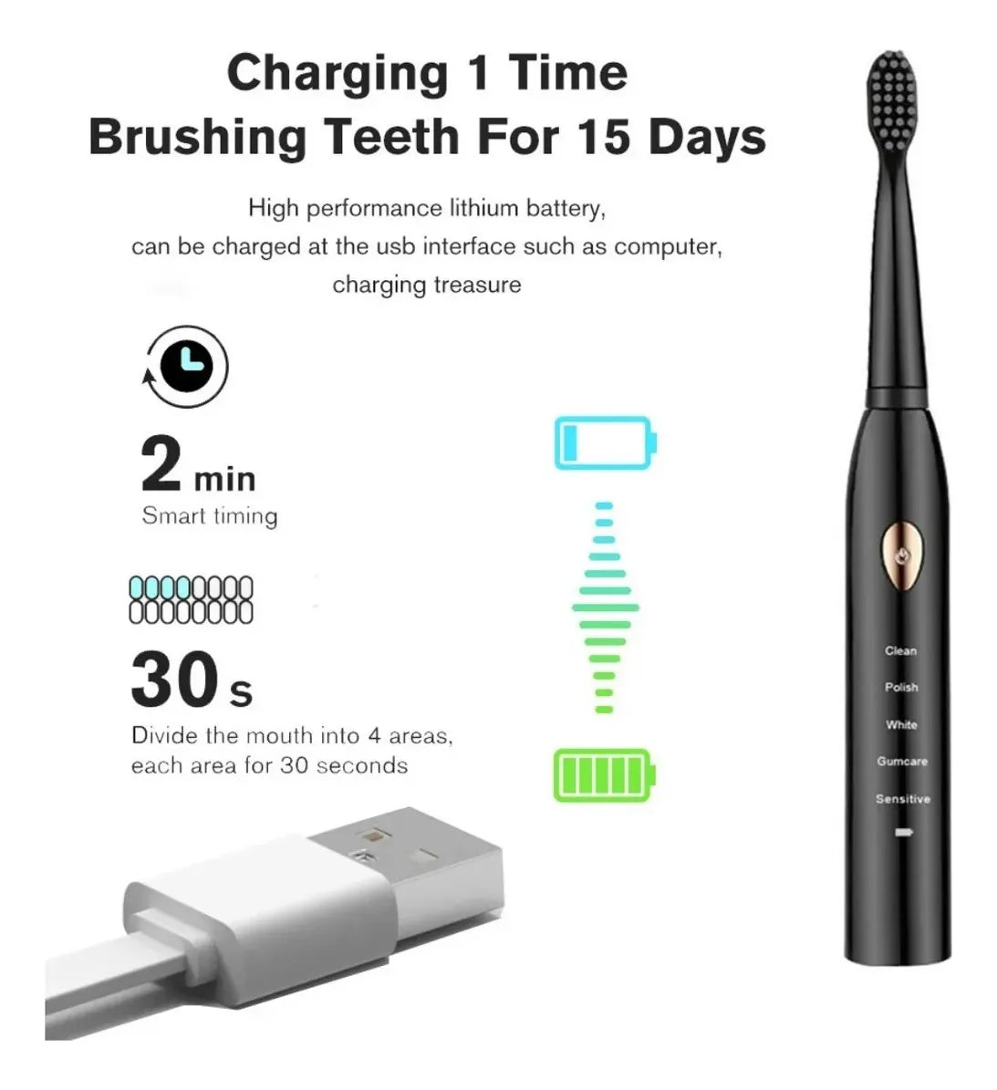 Cepillo Dental Electrico Recargable + 4 Cabezales