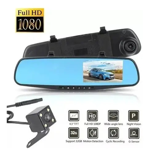 Espejo Retrovisor Dvr Universal 2 Camaras Delantera Reversa Micota