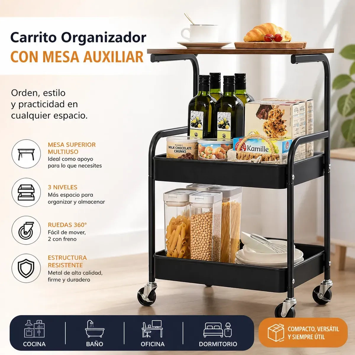 Carrito Organizador 3 Niveles Con Mesa Ruedas Metal Multiuso