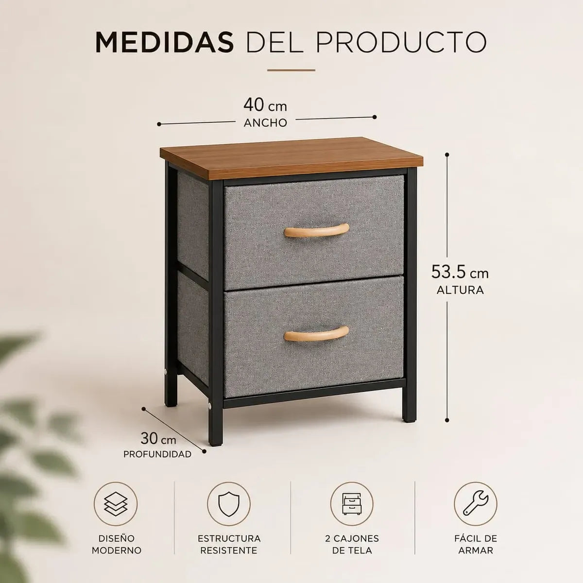 Mesa De Luz De Hierro Madera Con 2 Cajones 53x30x40