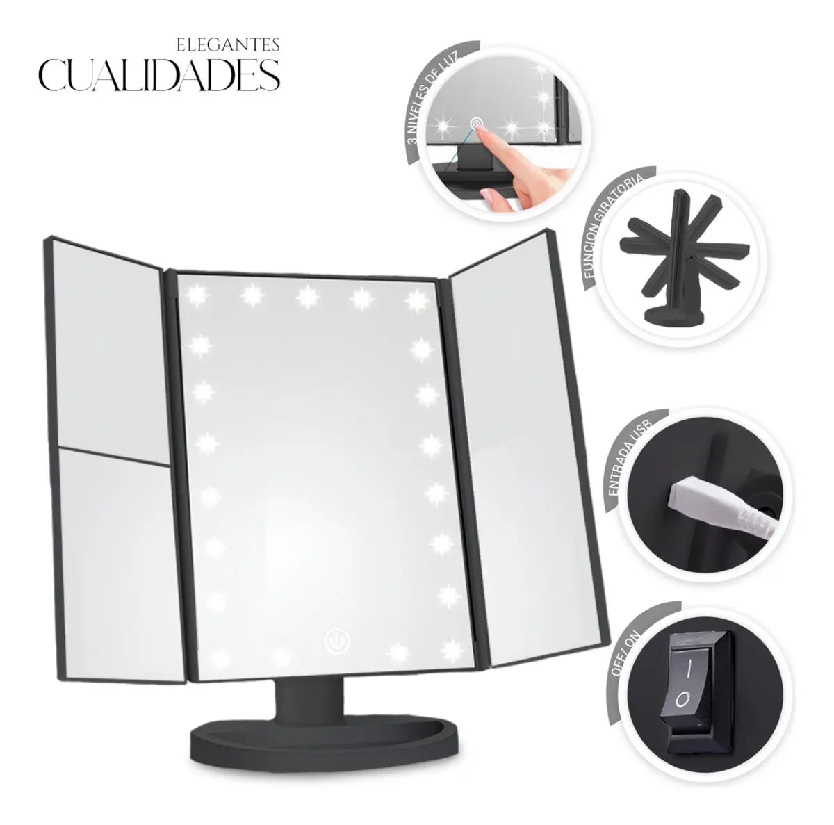 Espejo Led Para Maquillaje Con Rotacion 360° Pantalla Tactil Negro