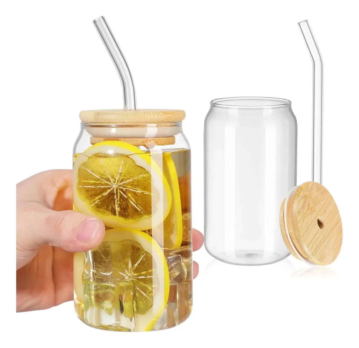 Vasos De Vidrio Con Tapas De Bambú Y Pajitas 4 Pcs Color Tra