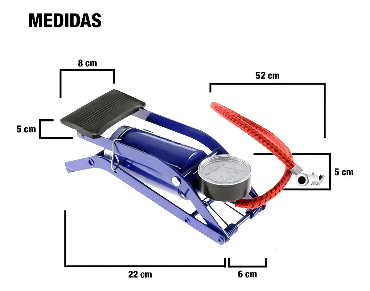 Inflador De Pie Ludamar Azul Con Manómetro 100 Psi Válvula Schrader