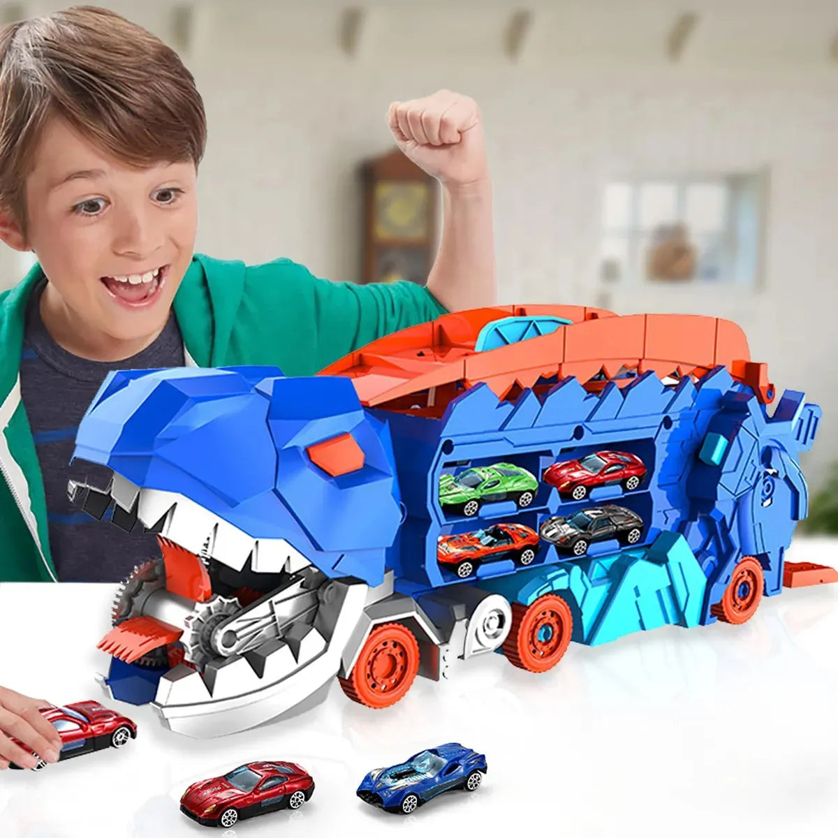 Set Dinosaurio Con Pista Y 2 Autos Juguete Interactivo