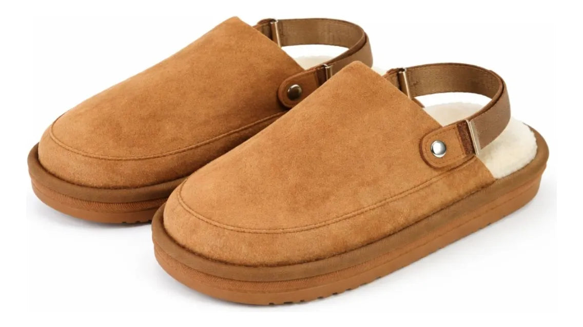 Pantufla Zueco Gamuza Forrada Corderito Con Plataforma