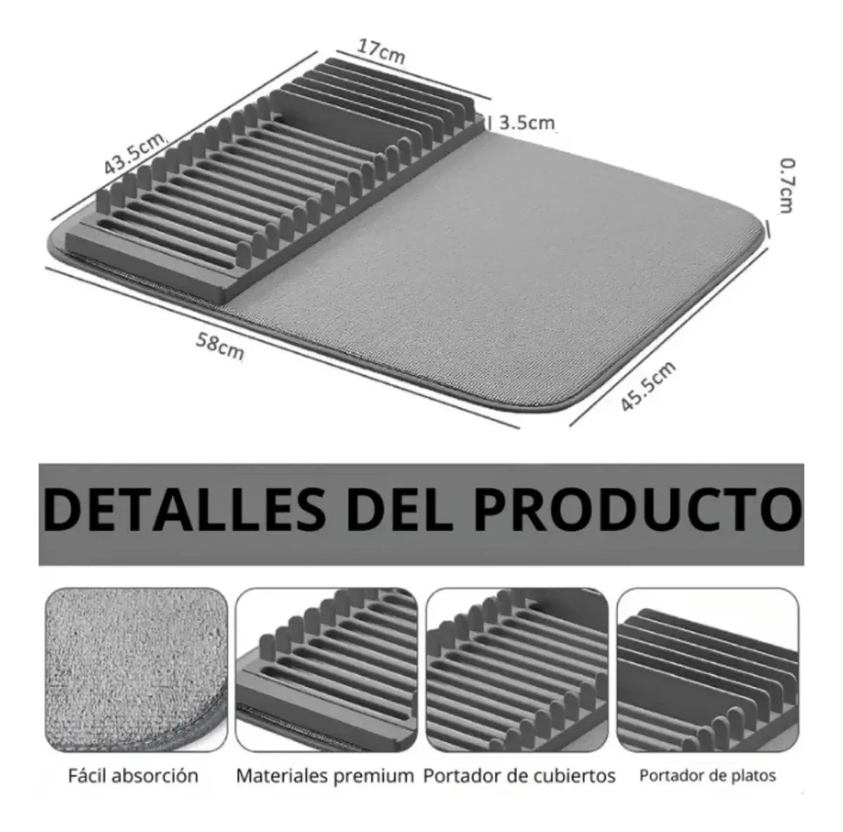 Escurridor Seca Platos Alfombra Paño Absorbente Microfibra Gris Oscuro