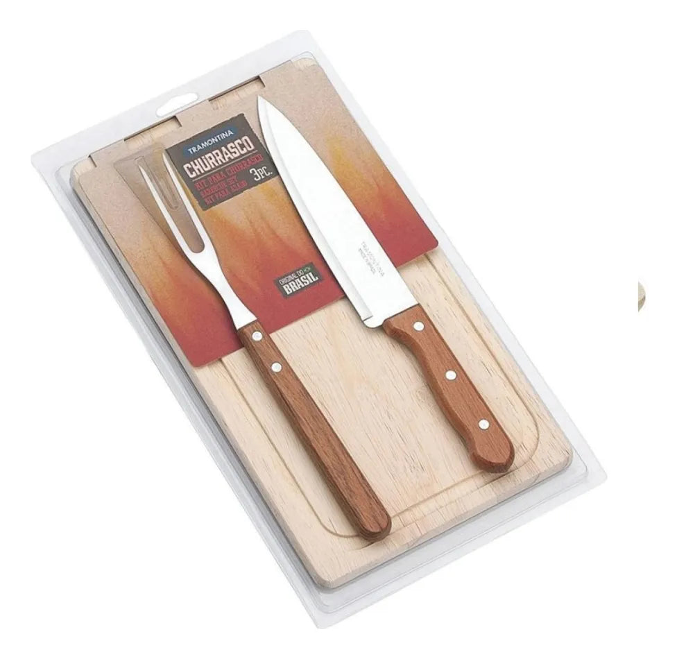 Juego Cubiertos Y Tabla De Madera Para Asado Tramontina