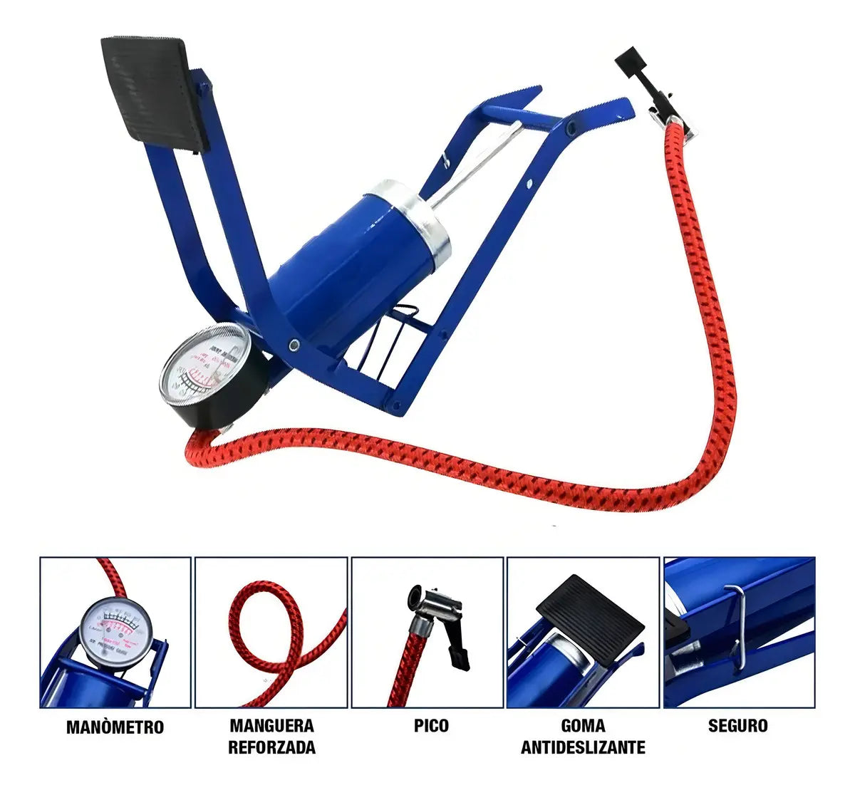Inflador De Pie Ludamar Azul Con Manómetro 100 Psi Válvula Schrader