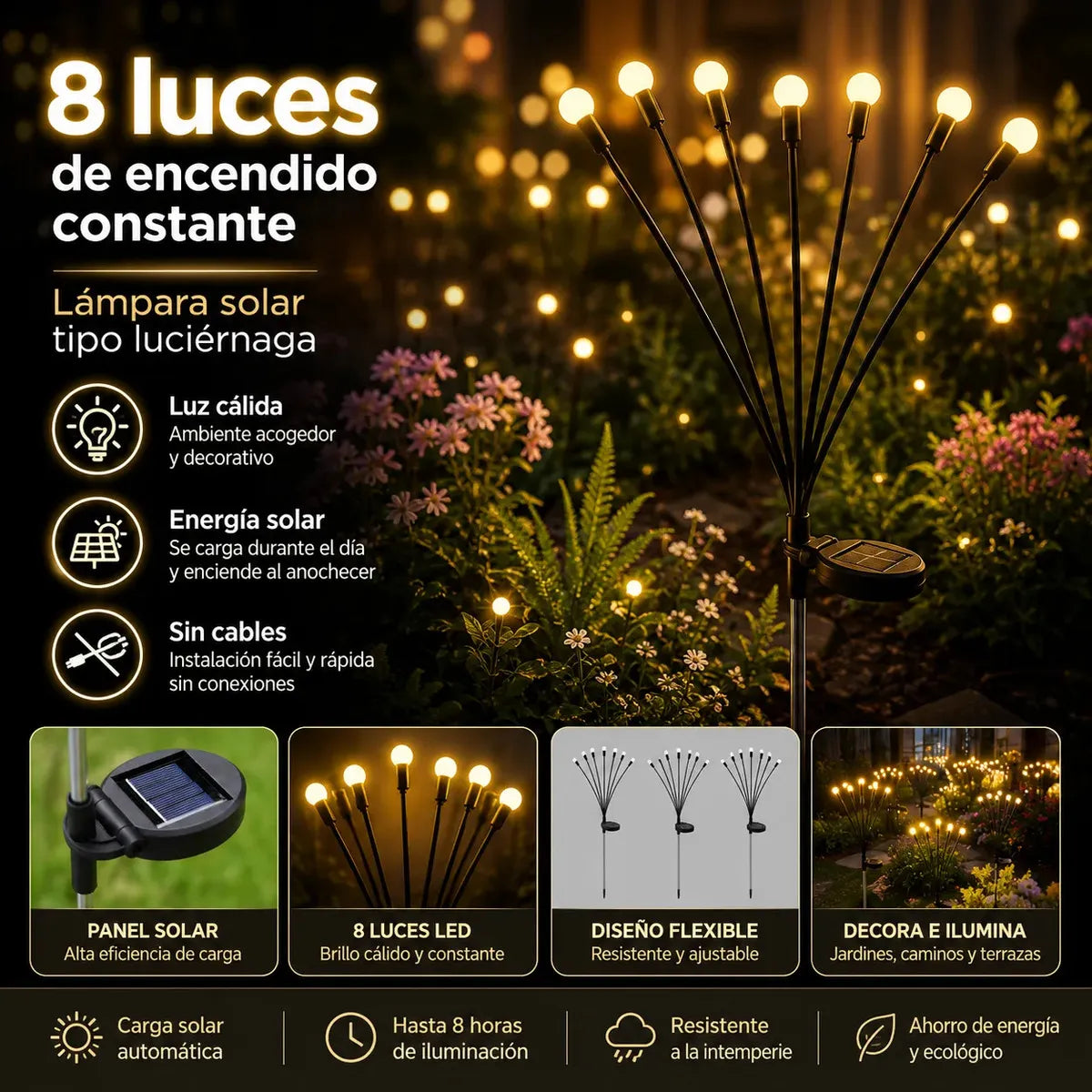 Luces Solares Estaca Luciérnaga 8 Led Xavrido Pack 2 Luz Cál