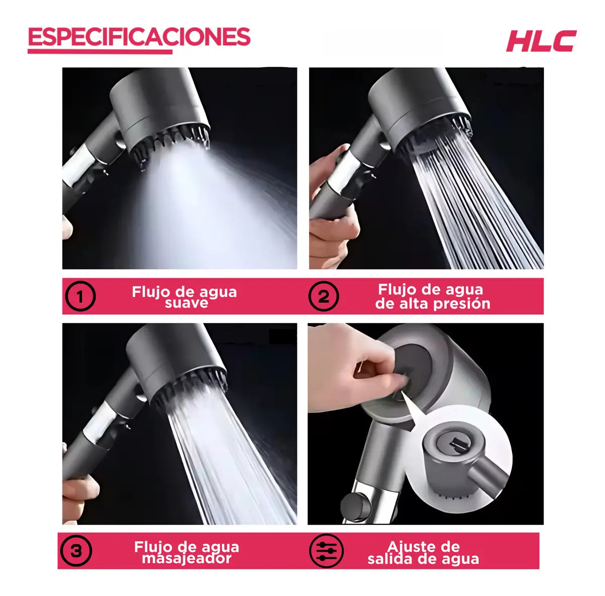 Duchero Lluvero Ducha Baño 3 Potencias Negro/rosa Cromado
