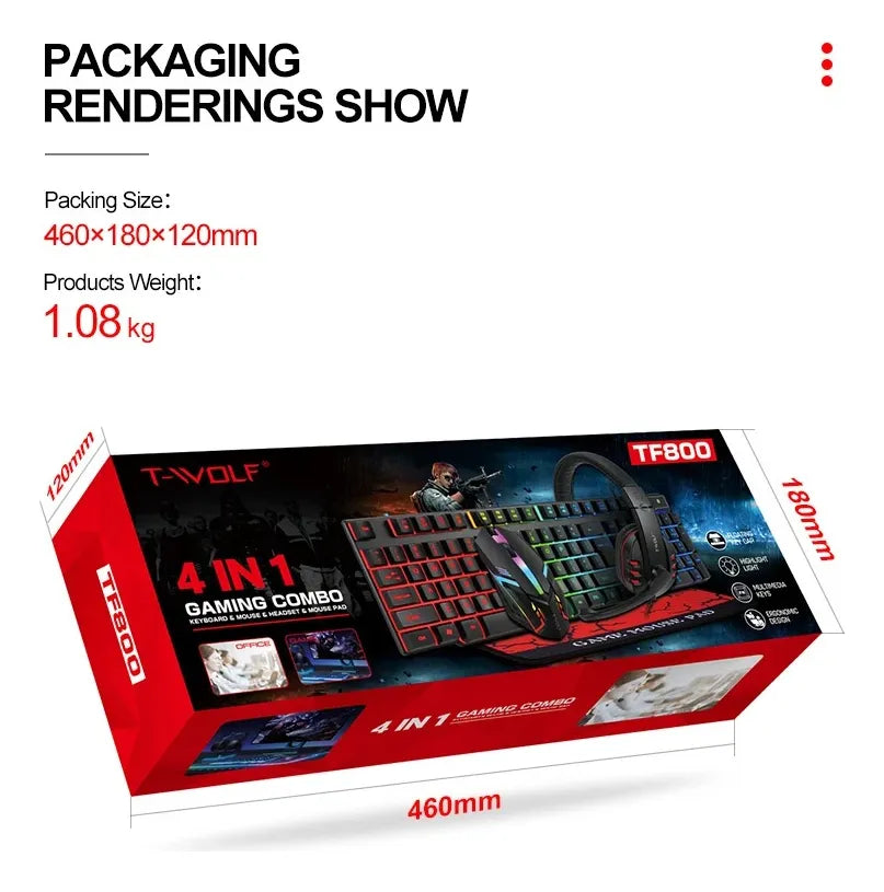 Combo Gamer 4 En 1 Audífonos Teclado Mouse Pad Rgb T-wolf