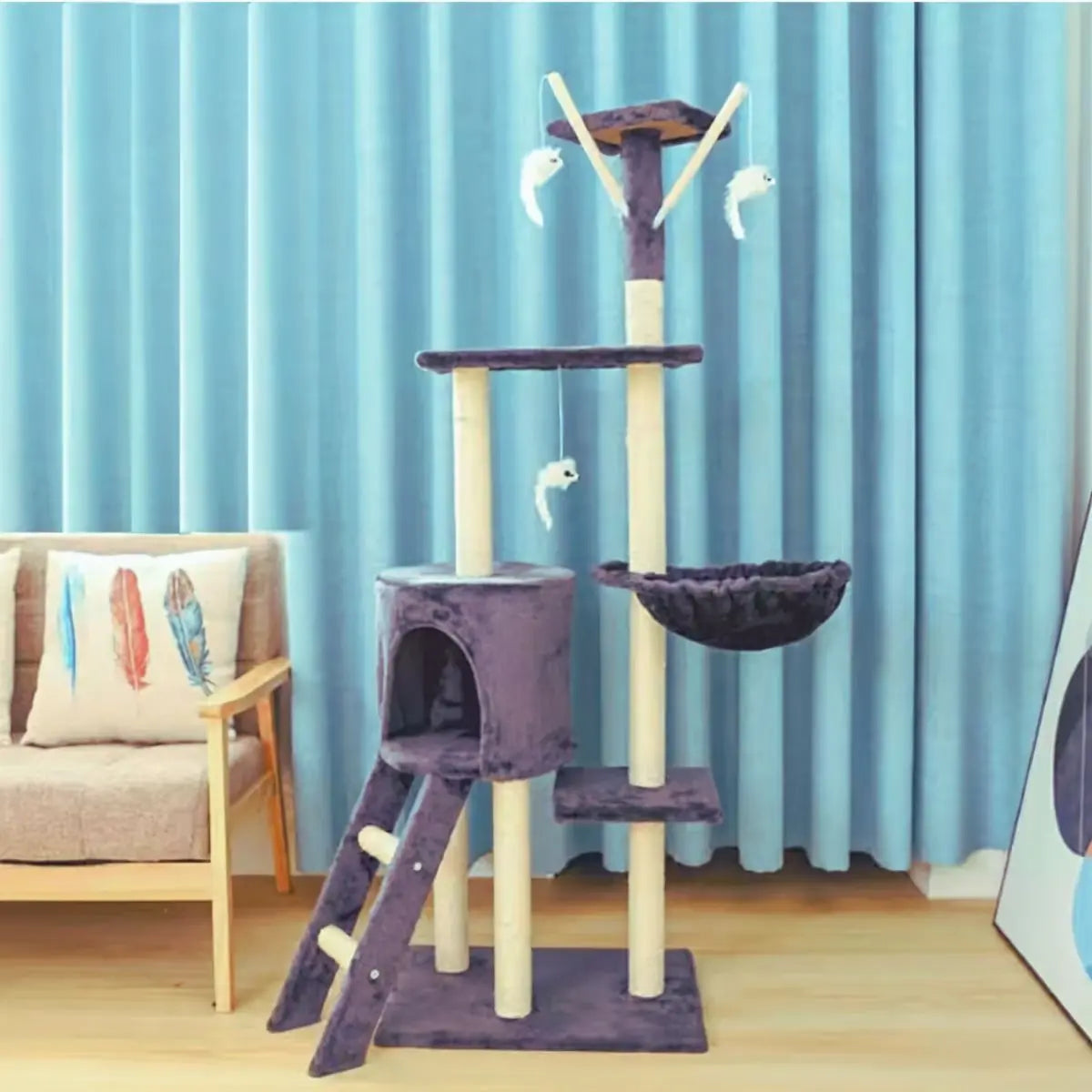 Rascador Torre 5 Niveles En Felpa Y Sisal Para Gato Juego Color Gris