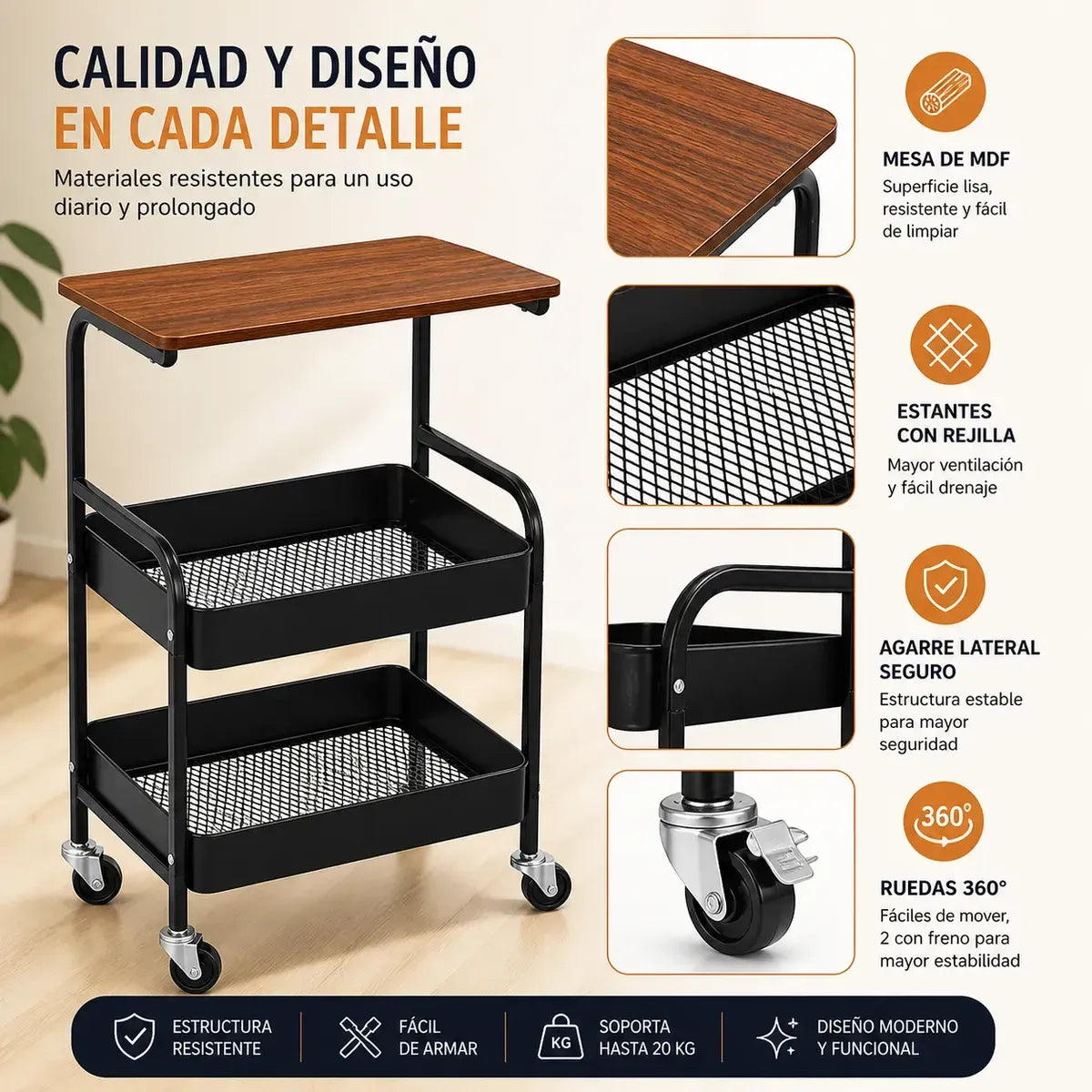 Carrito Organizador 3 Niveles Con Mesa Ruedas Metal Multiuso