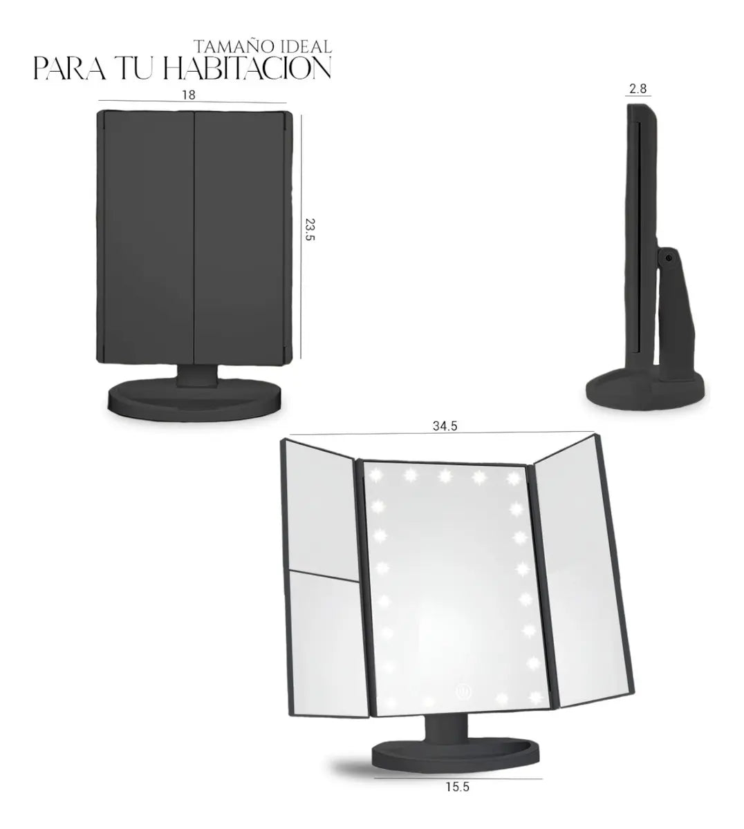 Espejo Led Para Maquillaje Con Rotacion 360° Pantalla Tactil Negro