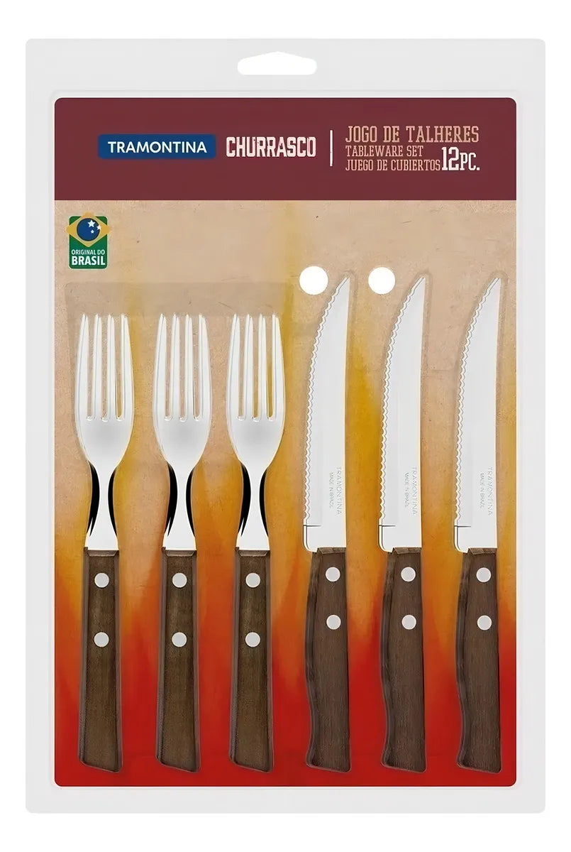 Juego de Cubiertos para Asado con Láminas de Acero Inoxidable y Mangos de Madera Natural 12 piezas Tramontina Churrasco