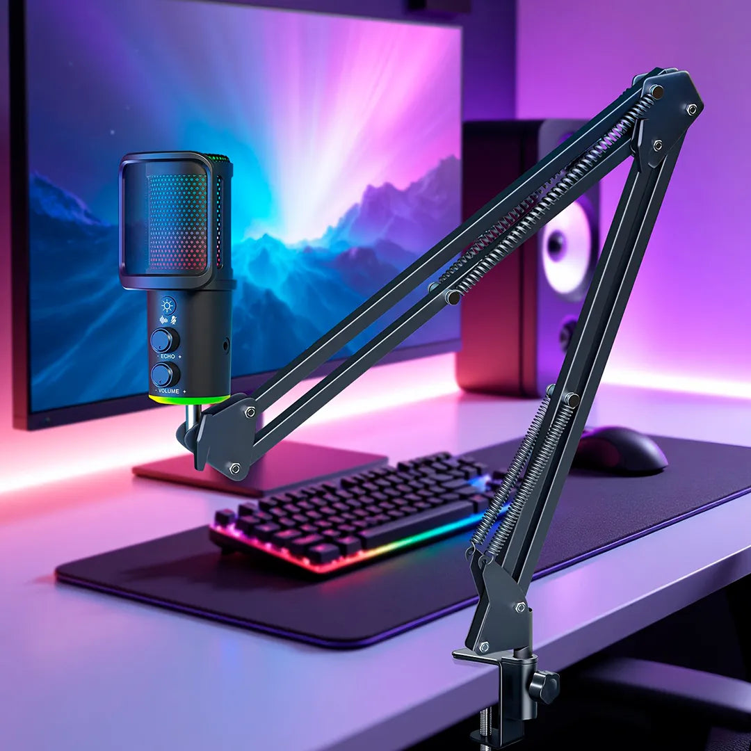 Microfono Condensador Gamer Rgb Streaming Brazo Usb