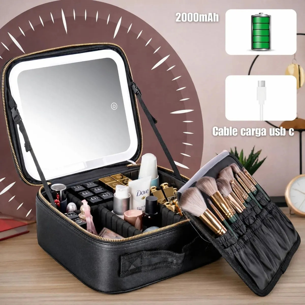 Maletín Organizador De Maquillaje Youhome Negro Con Espejo L