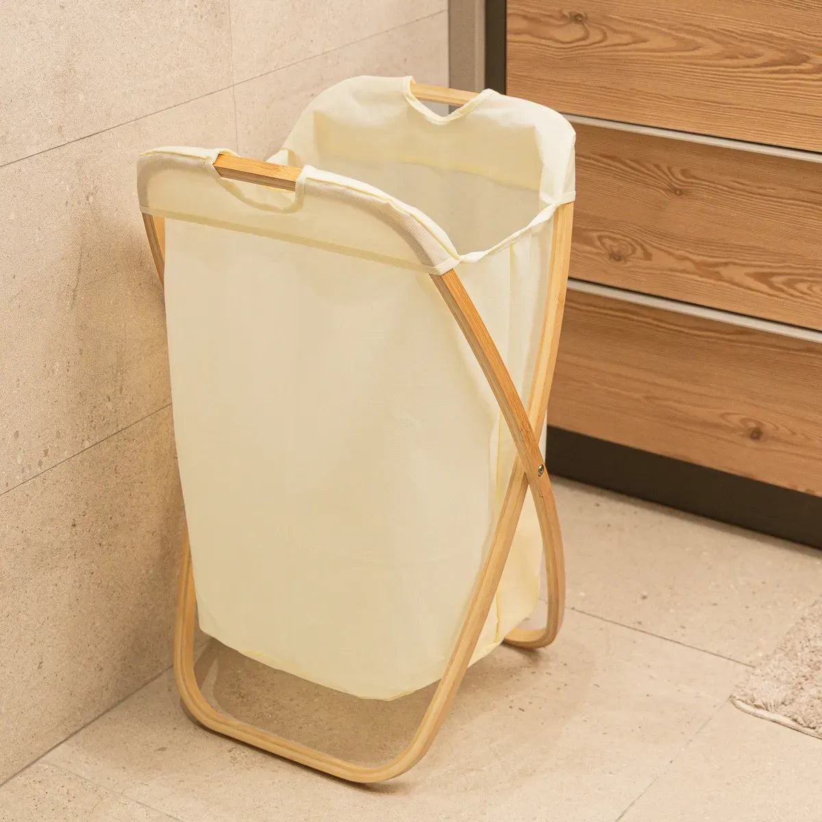 Canasto Plegable Para Ropa 70x44x34cm Madera Y Tela