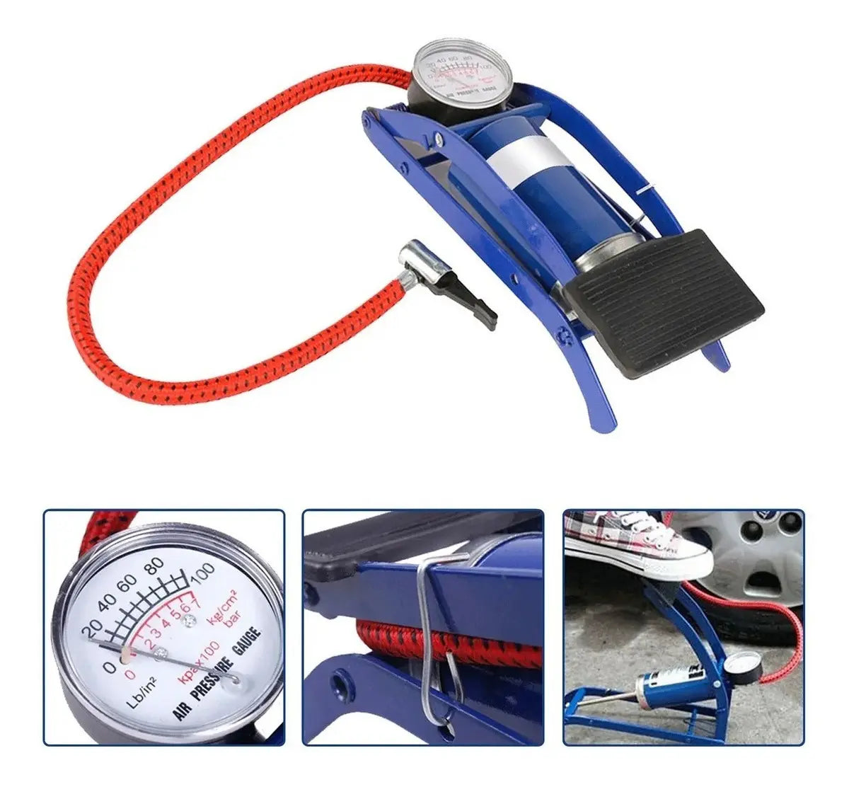 Inflador De Pie Ludamar Azul Con Manómetro 100 Psi Válvula Schrader