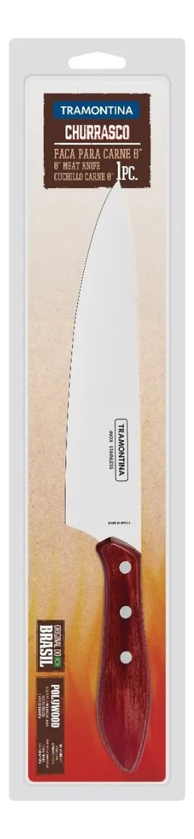 Cuchillo Para Carne Asado Tramontina De 8 Pulgadas Con Mango De Madera, Color Rojo