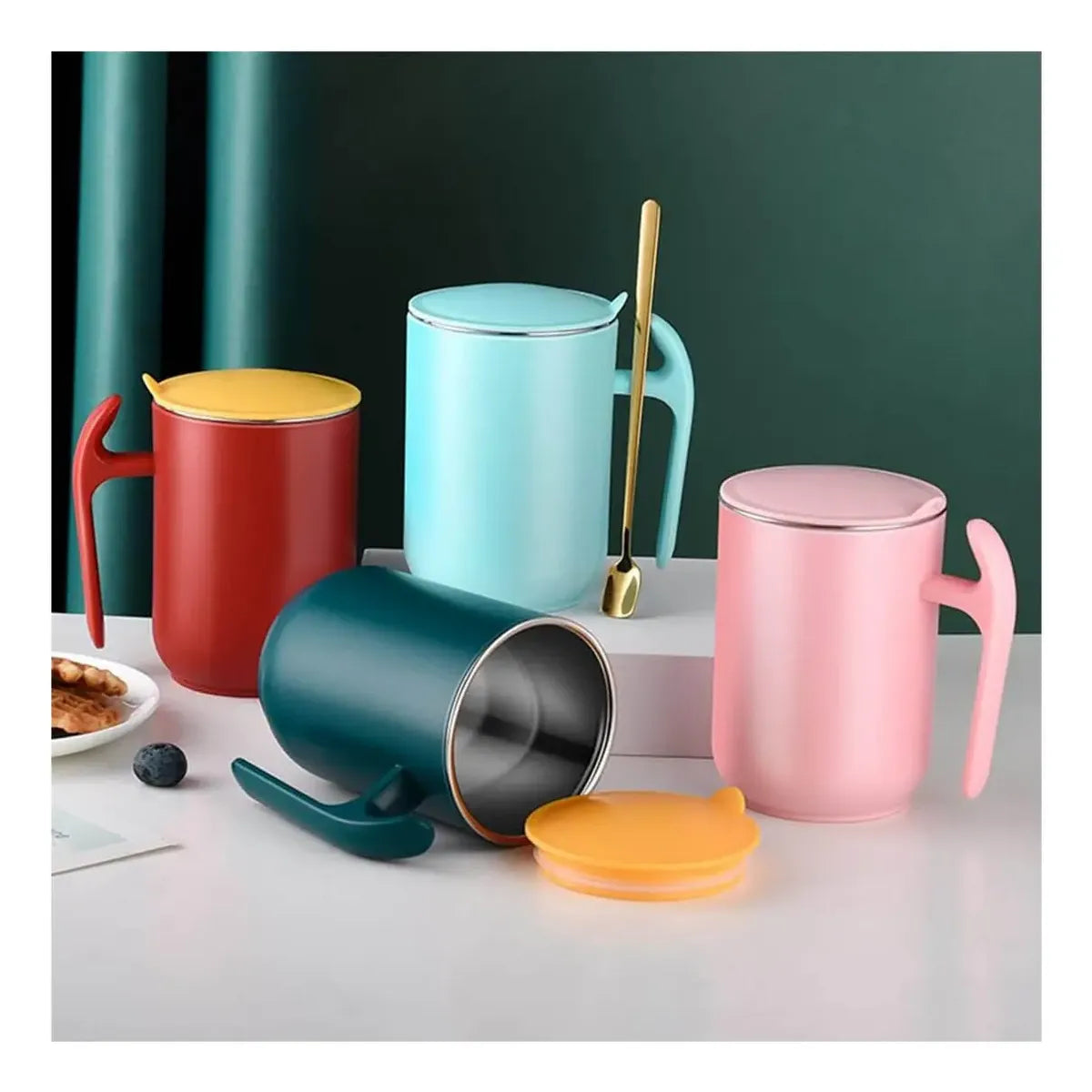 Taza Térmica Con Tapa Y Cuchara Acero Inoxidable Sin Derrame