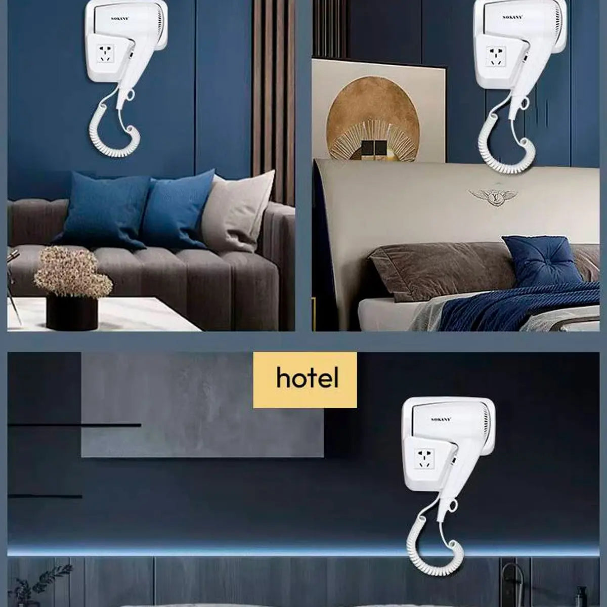 Secador de pelo de baño montado en la pared de hotel de color blanco