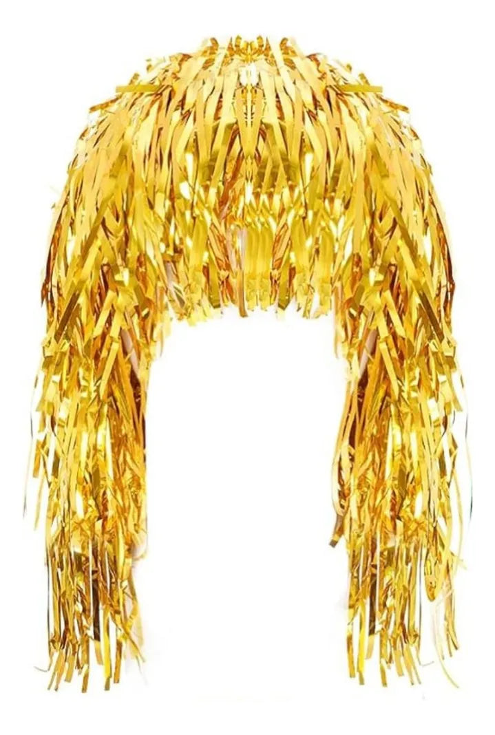 Peluca Con Flecos Dorado Metalizado