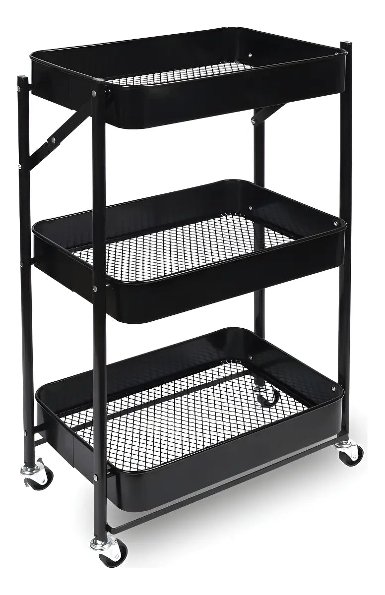 Carrito Plegable Metálico De Cocina, Con 3 Estantes Bandeja Y Ruedas
