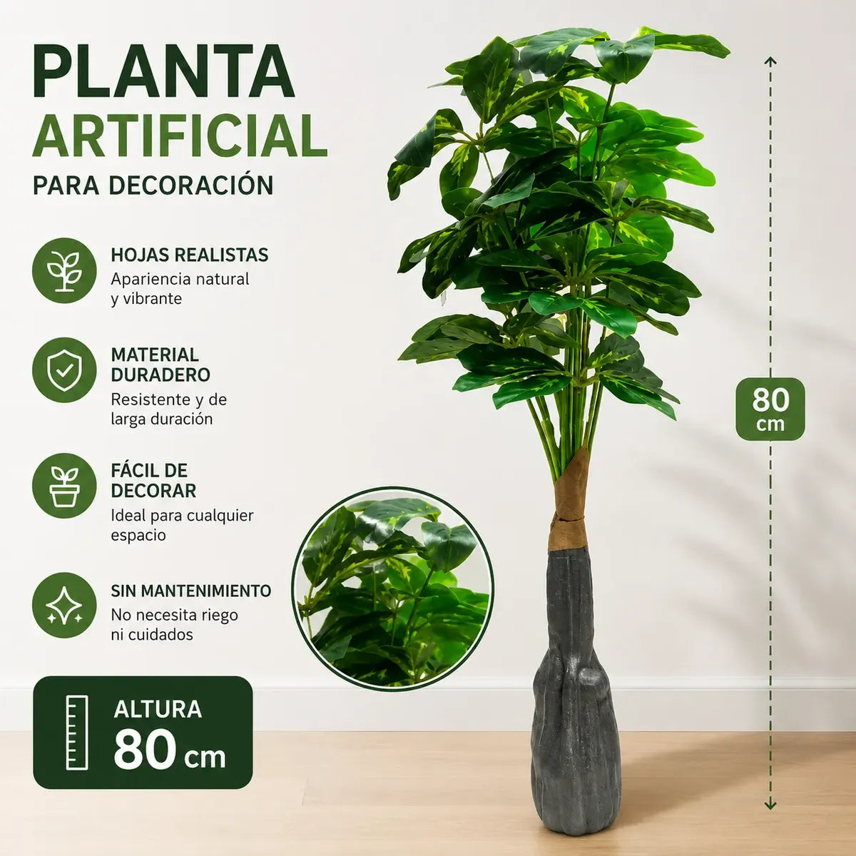 Adorno Planta Artificial Hojas Decoracion Interior 80cm Base