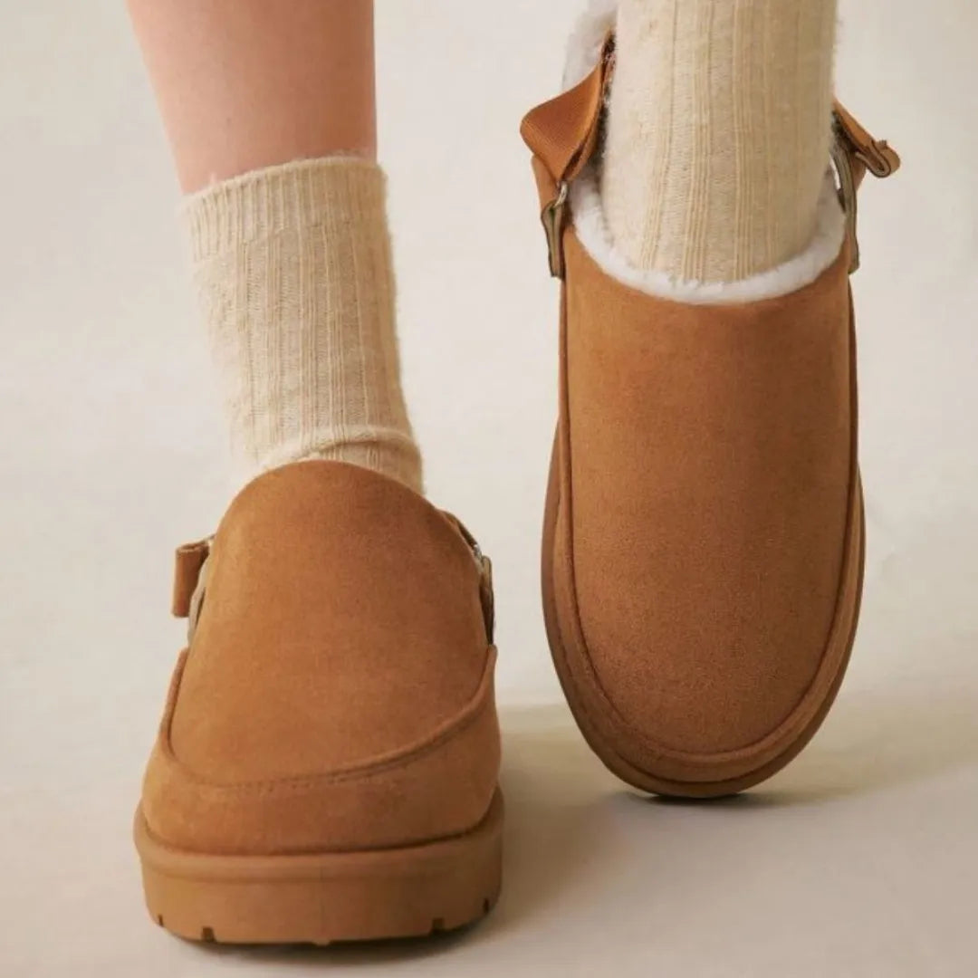 Pantufla Zueco Gamuza Forrada Corderito Con Plataforma