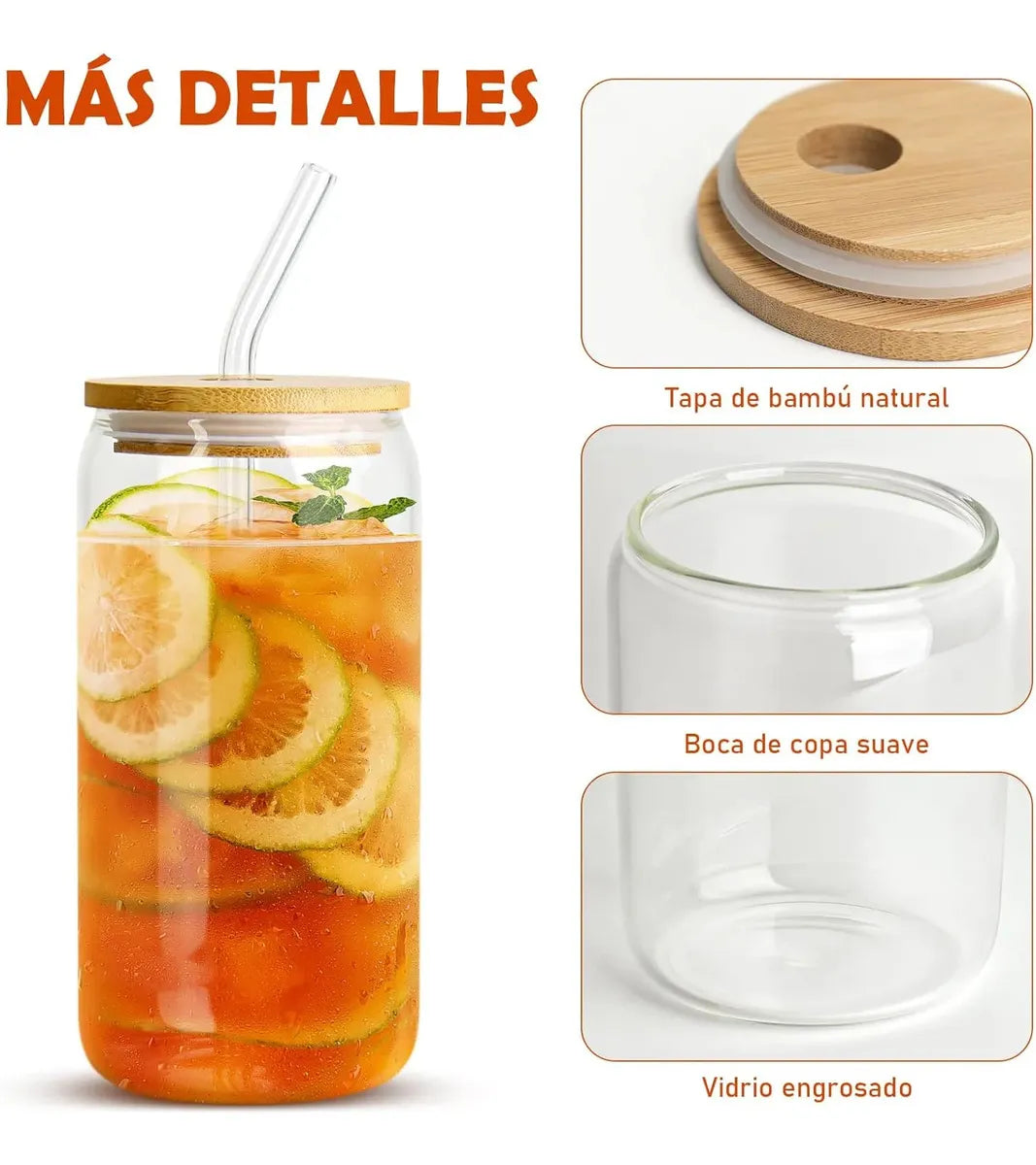 Vasos De Vidrio Con Tapas De Bambú Y Pajitas 4 Pcs Color Tra