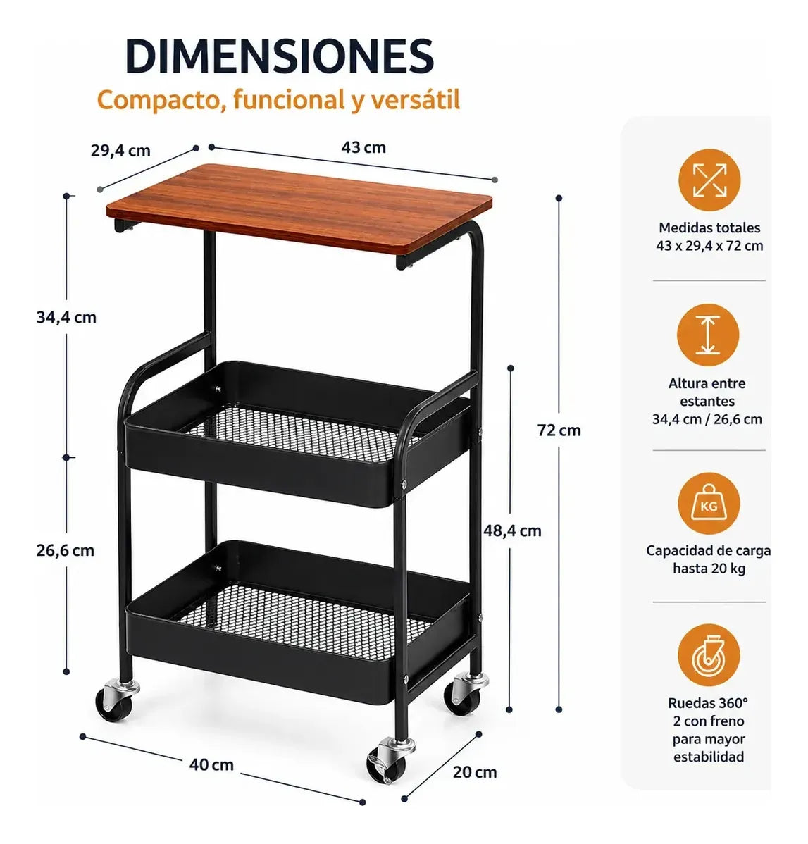 Carrito Organizador 3 Niveles Con Mesa Ruedas Metal Multiuso