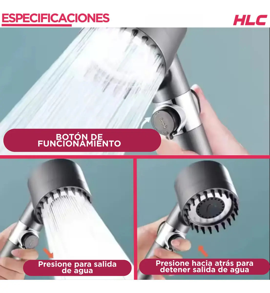 Duchero Lluvero Ducha Baño 3 Potencias Negro/rosa Cromado