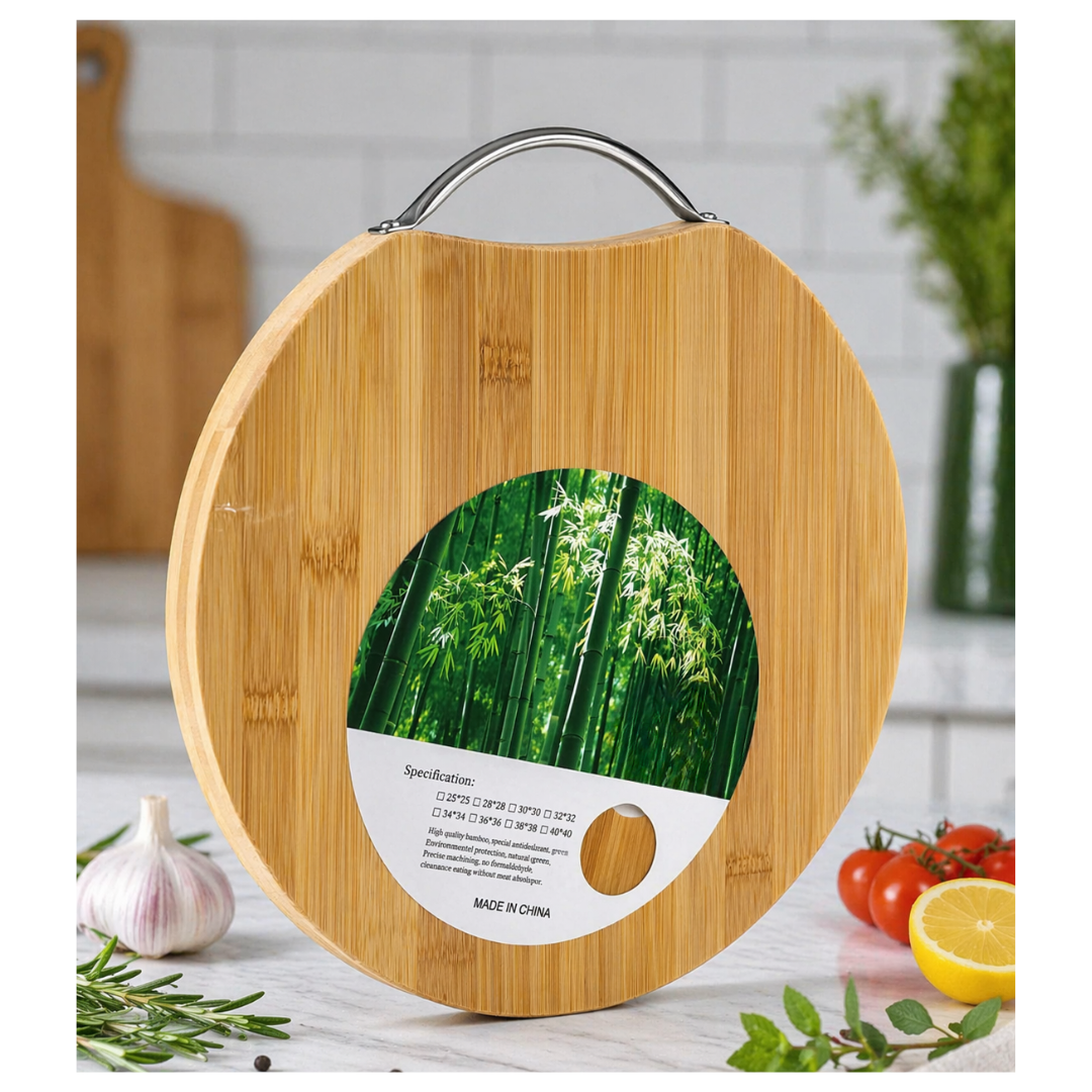 Tabla De Cocina Bambú Redonda Con Mango Metal