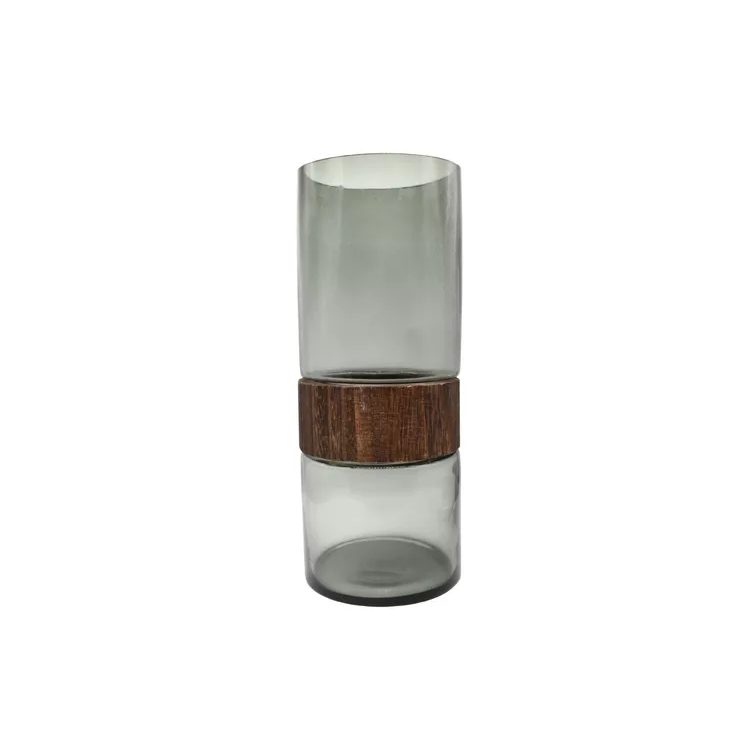 Jarrón De Vidrio Y Madera Decorativo 30x12cm