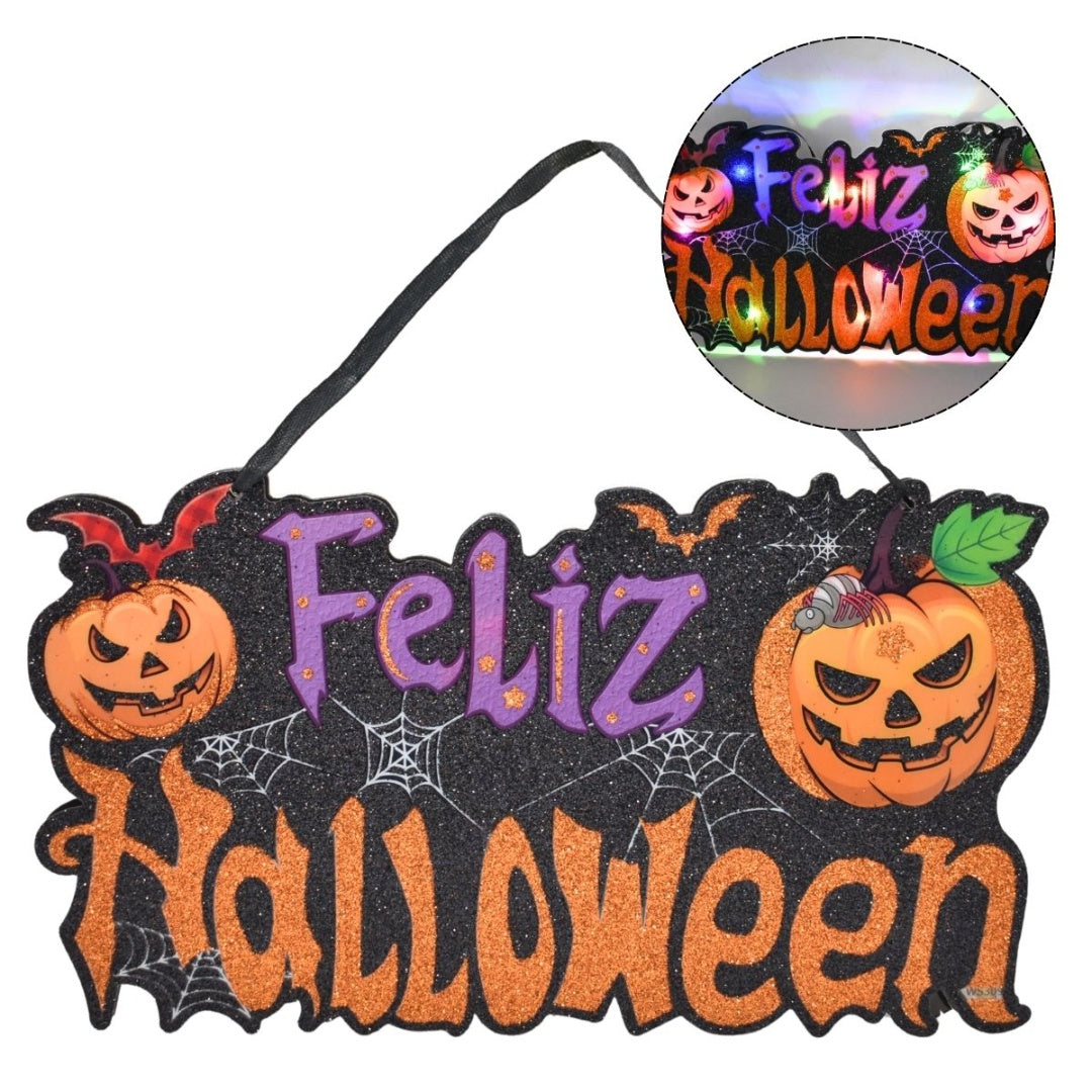 Cartel Colgante De Halloween Con Luces 30x24cm