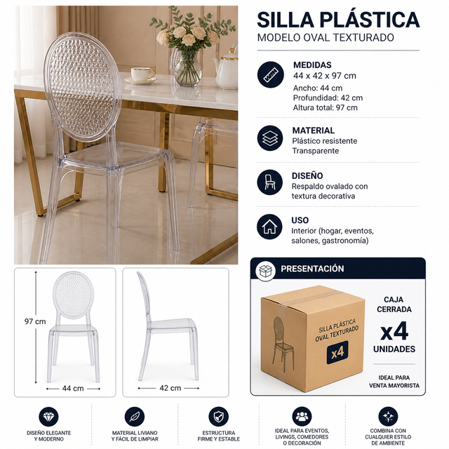 Juego De 2 Sillas Color Transparente Para Cocina Hogar
