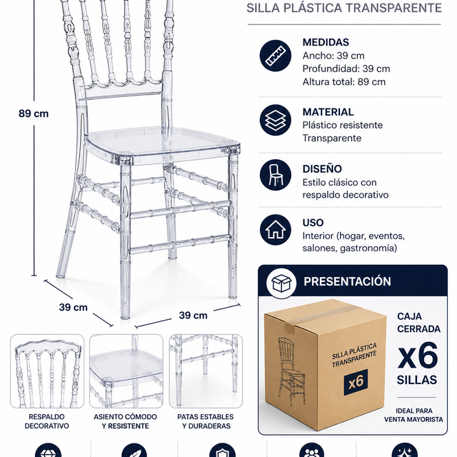 Silla Transparente Para Fiestas Cuadrada Excelente Calidad