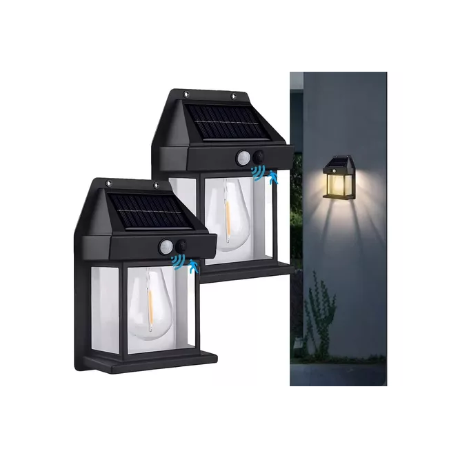 Farol solar de pared + sensor movimiento luz cálida exterior