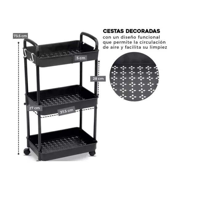 Carro organizador 3 estantes con ruedas multiuso de plastico