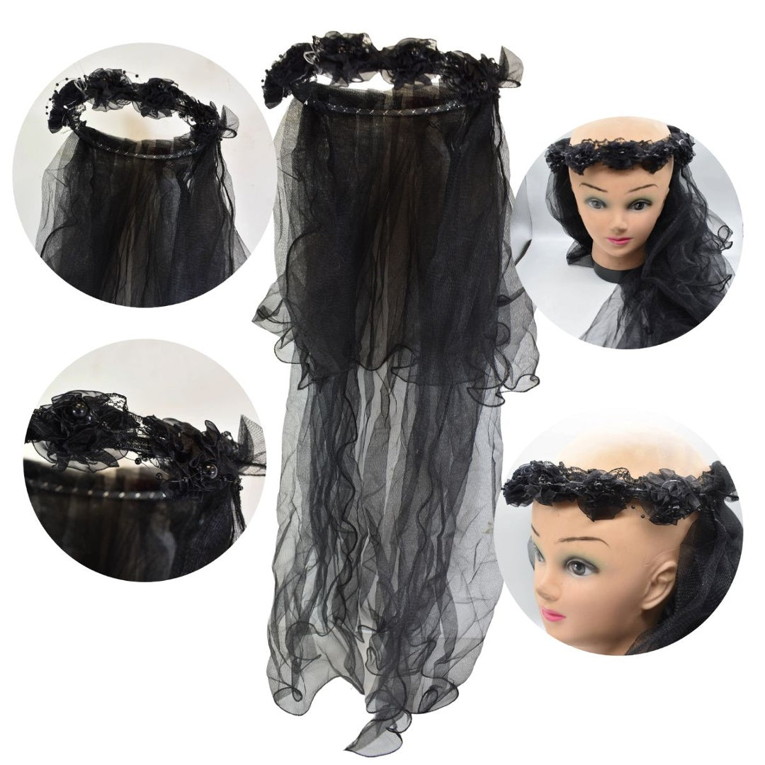 Tocado Diadema De Flores Con Velo Negro Nostalgia Halloween